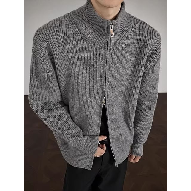Kimeya-Stand Collar Plain Zip Cardigan
