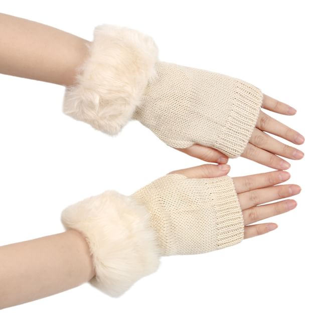 Kinoxslone-Fluffy Trim Knit Fingerless Gloves