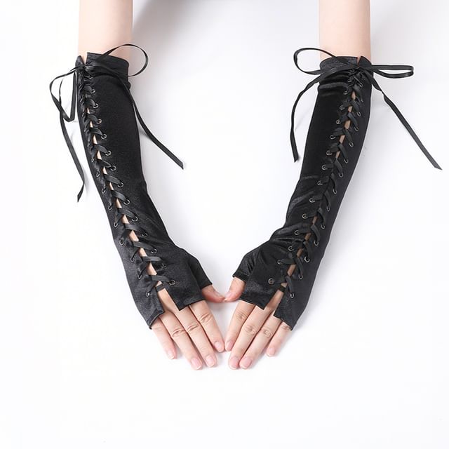 Kinoxslone-Lace Up Fingerless Arm Length Gloves