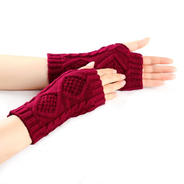 Kinoxslone-Plain Cable Knit Fingerless Gloves