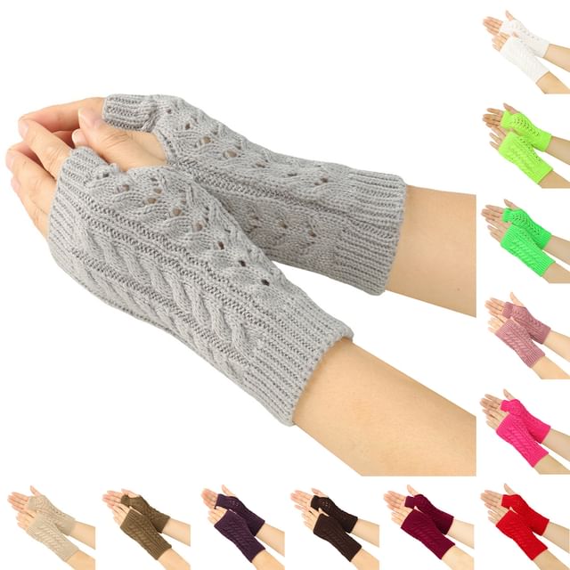 Kinoxslone-Plain Cable Knit Fingerless Gloves