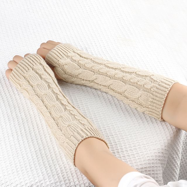 Kinoxslone-Plain Cable Knit Fingerless Long Gloves