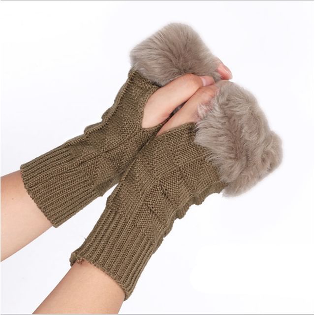 Kinoxslone-Plain Fluffy Trim Knit Fingerless Gloves