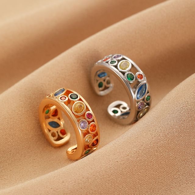 kiqwin-Rhinestone Textured Alloy Open Ring
