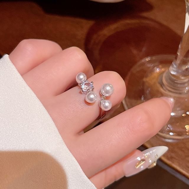 Kiren-Faux Pearl Rhinestone Open Ring