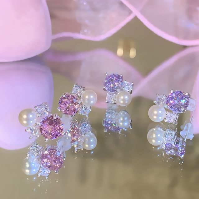 Kiren-Faux Pearl Rhinestone Stud Earring