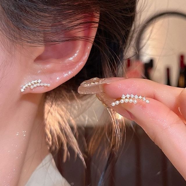 Kiren-Rhinestone Faux Pearl Ear Stud