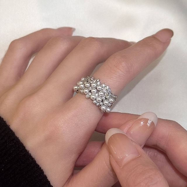 Kiren-Rhinestone Faux Pearl Open Ring