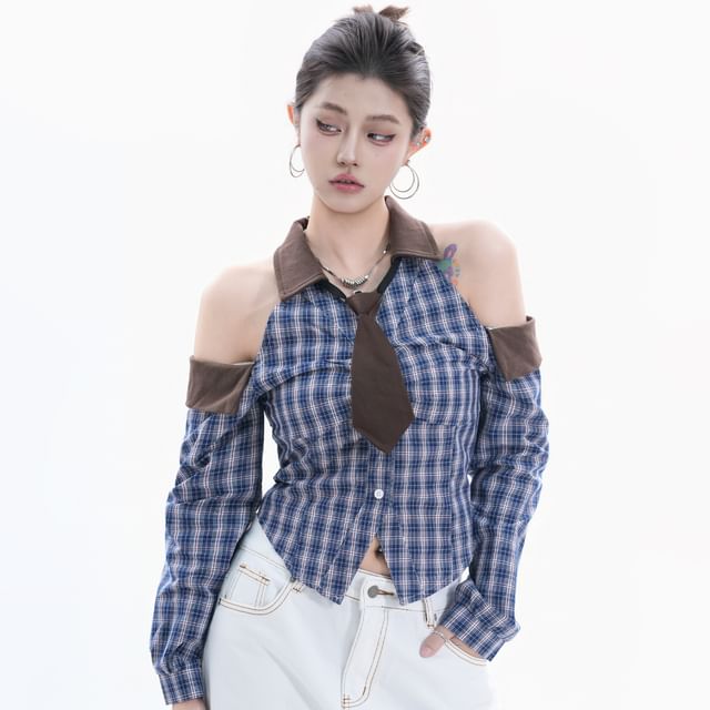 Kizmi-Cold-Shoulder Long-Sleeve Plaid Button-Up Top