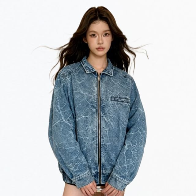 Kizmi-Collared Washed Zip Denim Jacket