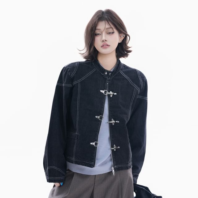 Kizmi-Contrast Stitched Buckled Denim Jacket