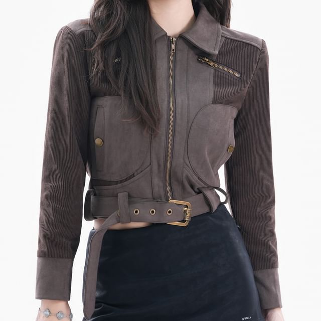 Kizmi-Corduroy Paneled Belted Crop Zip Jacket