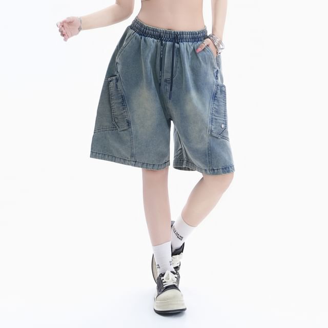 Kizmi-Drawstring Waist Washed Panel Denim Cargo Shorts