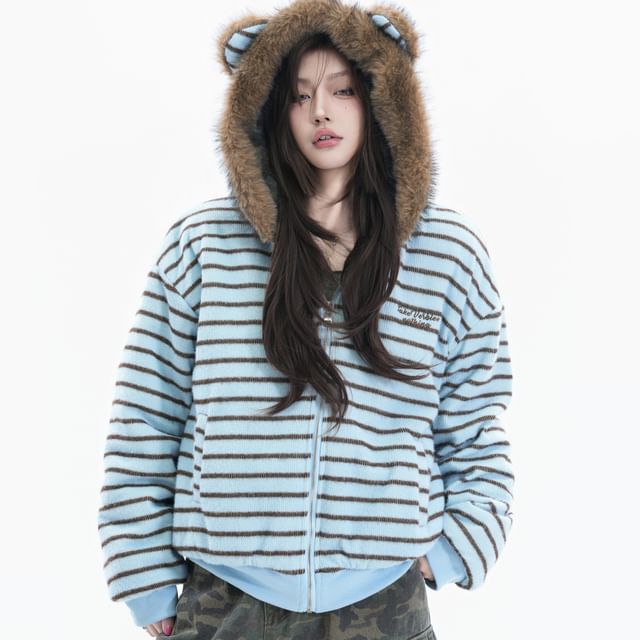 Kizmi-Ear Hooded Striped Zip Jacket