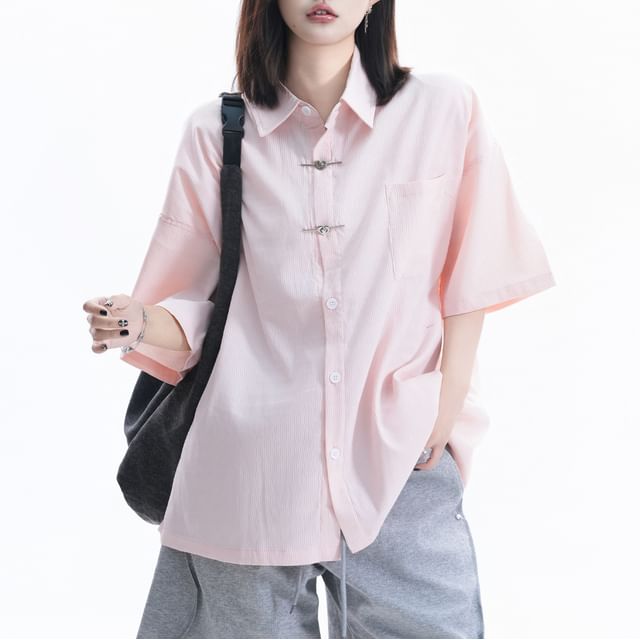 Kizmi-Elbow-Sleeve Collared Plain Button Up Shirt
