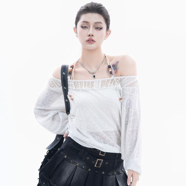 Kizmi-Long-Sleeve Halter Neck Lace Blouse