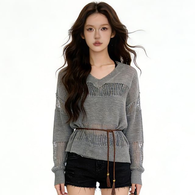 Kizmi-Long Sleeve V-Neck Plain Knit Top