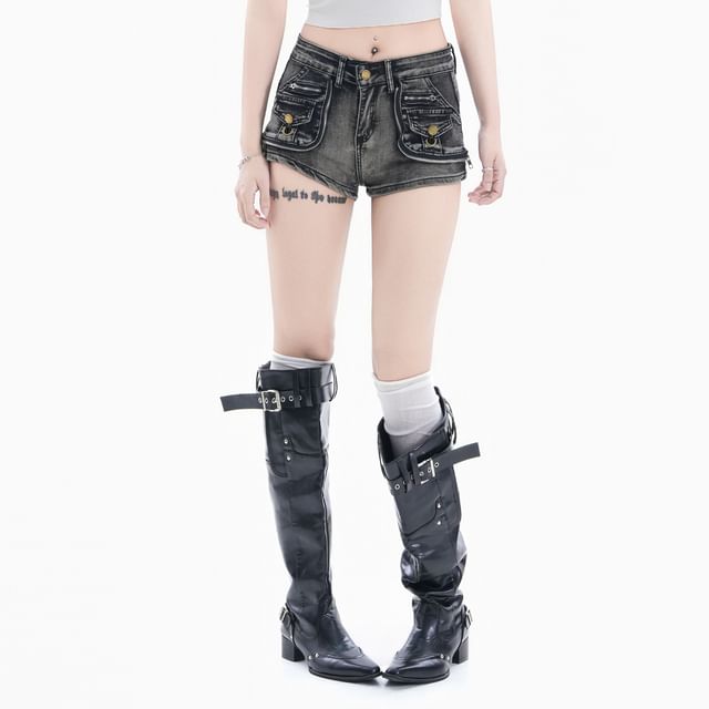 Kizmi-Mid Rise Washed Denim Shorts