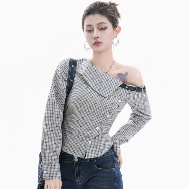 Kizmi-One-Shoulder Long-Sleeve Plaid Button-Up Blouse