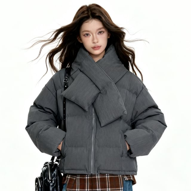 Kizmi-Scarf Neck Plain Zip Puffer Jacket