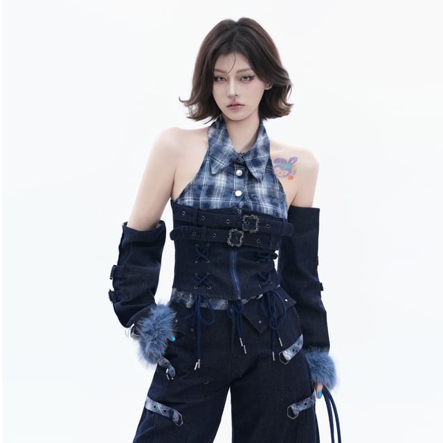 Kizmi-Set Halter Neck Collared Plaid Panel Belted Denim Crop Top Arm Sleeves