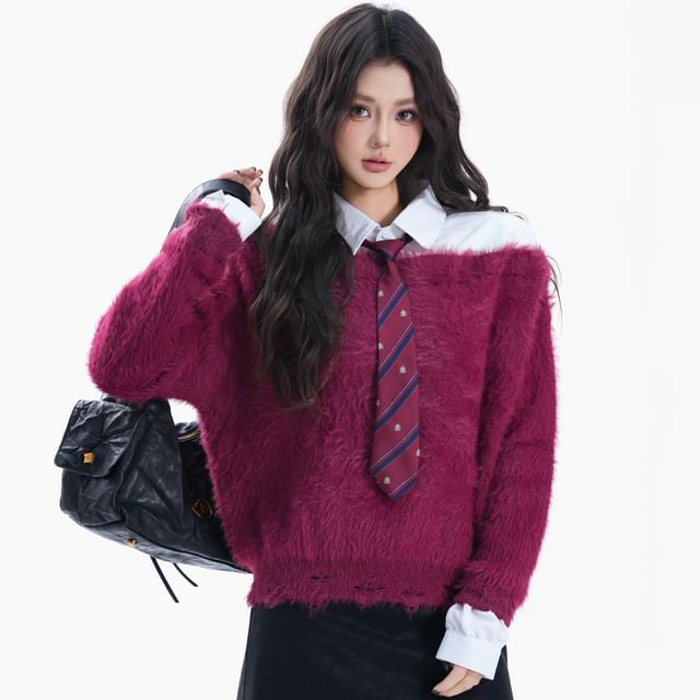 Kizmi-Set One Shoulder Plain Distressed Fluffy Sweater Long Sleeve Collared Plain Shirt Necktie