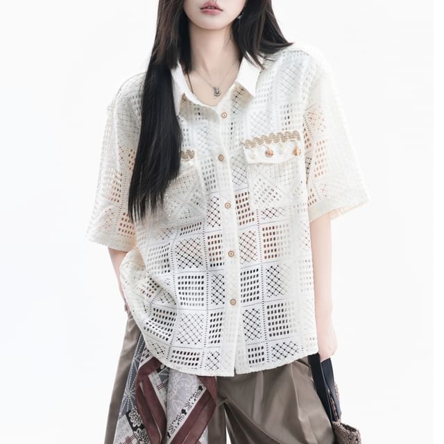 Kizmi-Short-Sleeve Collared Crochet Button Up Shirt