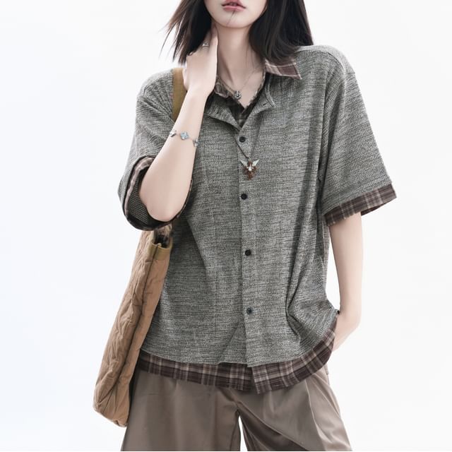 Kizmi-Short-Sleeve Collared Plaid Button Up Shirt