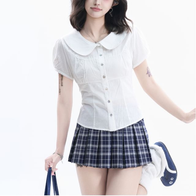 Kizmi-Short-Sleeve Collared Plain Button Up Blouse