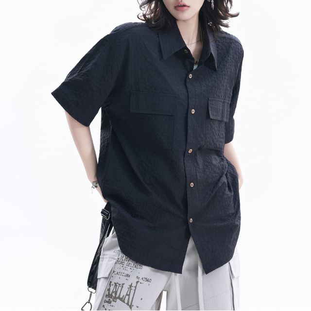 Kizmi-Short-Sleeve Collared Plain textured Button Up Shirt