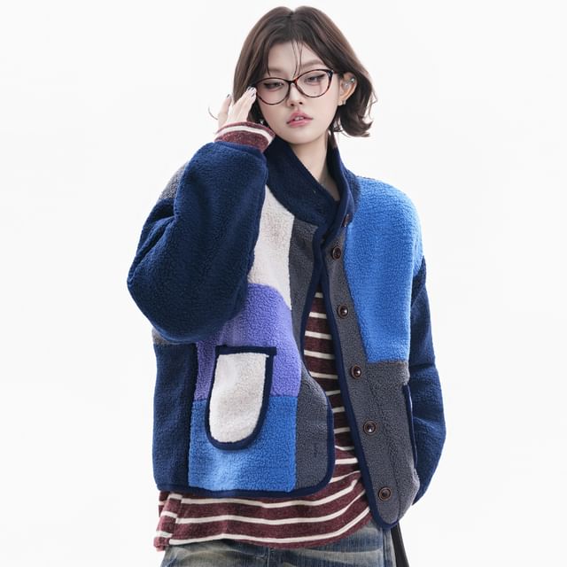Kizmi-Stand Collar Color Block Fleece Button Jacket