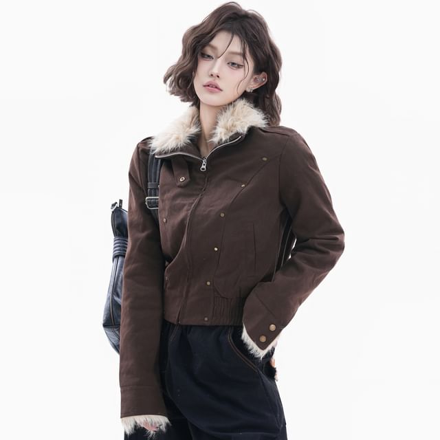 Kizmi-Stand Collar Studded Panel Faux Fur Zip Jacket