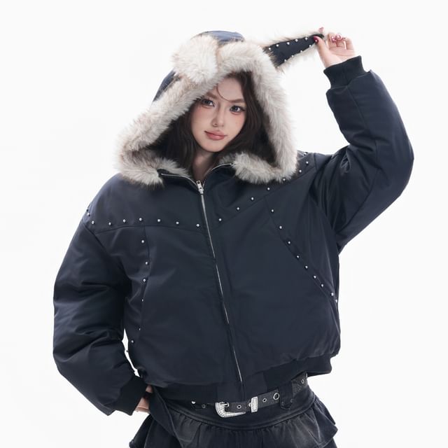 Kizmi-Studded Panel Fluffy Trim Ear Hood Zip Puffer Jacket