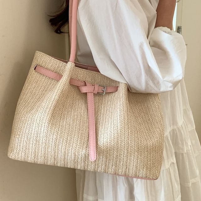 KOCORE-Belted Straw Tote Bag