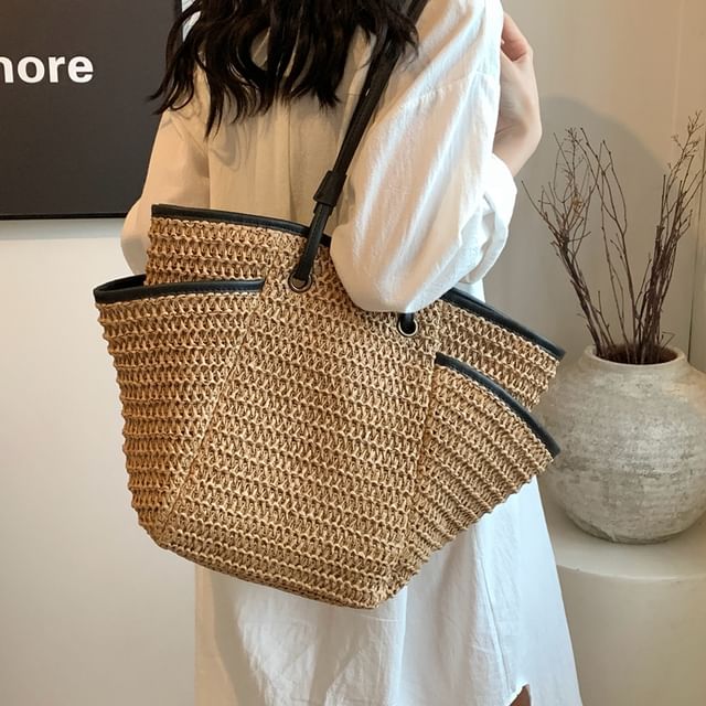 KOCORE-Contrast Trim Straw Tote Bag