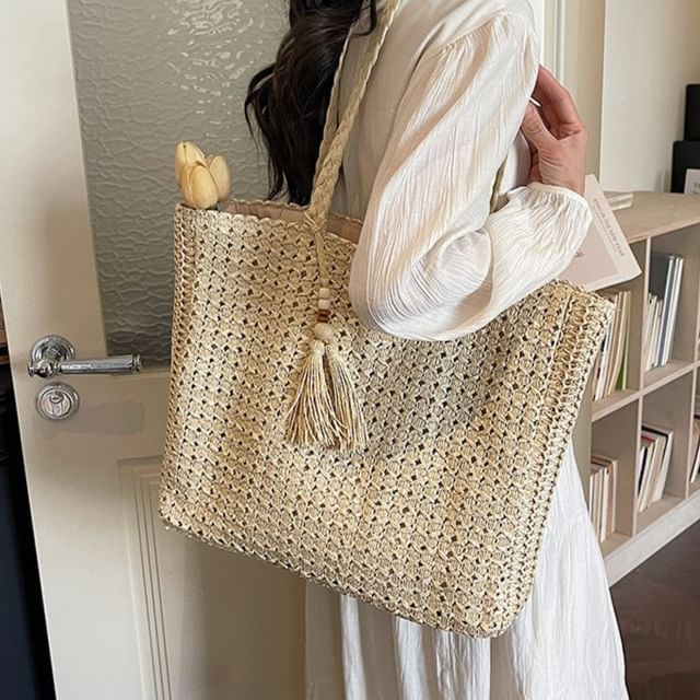 KOCORE-Eyelet Straw Woven Tote