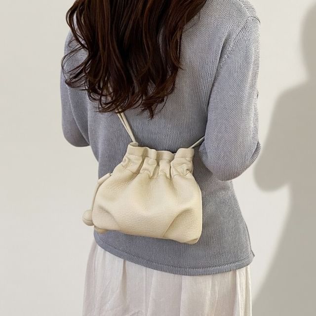 KOCORE-Faux Leather Bobble Drawstring Bucket Bag