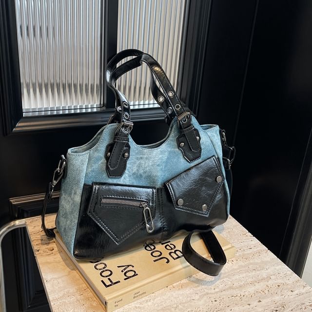 KOCORE-Faux Leather Panel Tote Bag