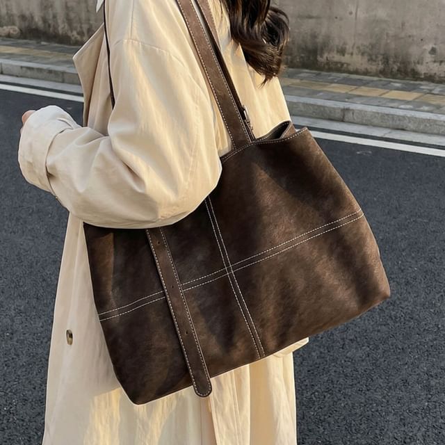 KOCORE-Faux Suede Contrast Stitching Tote Bag