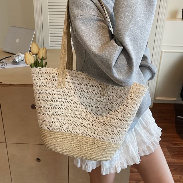 KOCORE-Lace Panel Straw Tote Bag