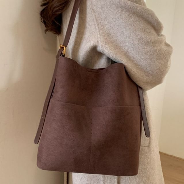KOCORE-Panel Faux Suede Bucket Bag