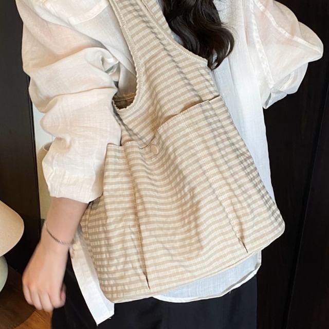 KOCORE-Plaid Multi-Pocket Tote Bag
