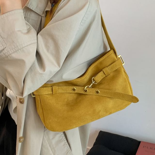 KOCORE-Plain Belted Faux Suede Shoulder Bag