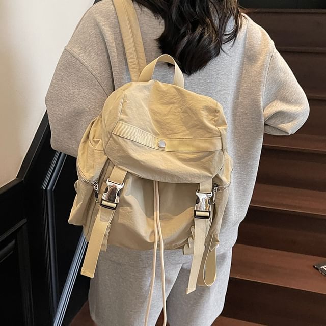 KOCORE-Plain Drawstring Buckled Flap Backpack