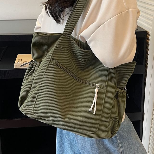 KOCORE-Plain Drawstring Corduroy Tote Bag