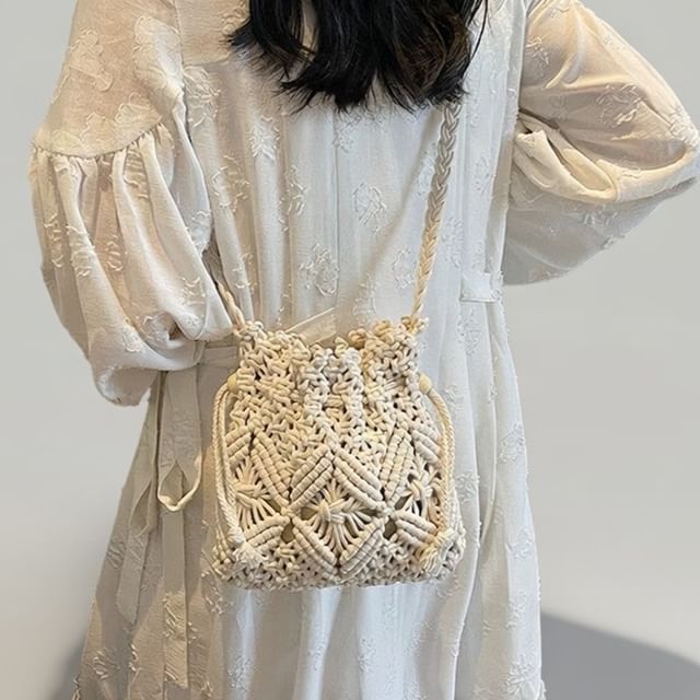 KOCORE-Plain Drawstring Woven Bucket Bag