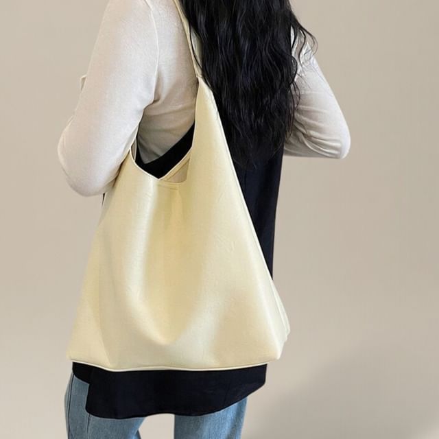 KOCORE-Plain Faux Leather Tote Bag