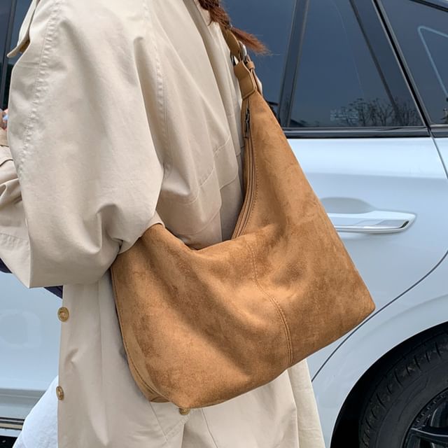 KOCORE-Plain Faux Suede Crossbody Bag