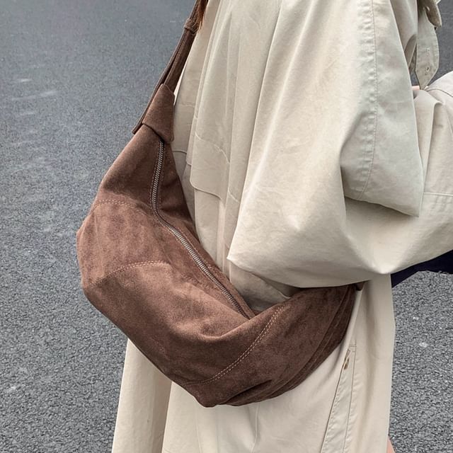 KOCORE-Plain Faux Suede Crossbody Bag