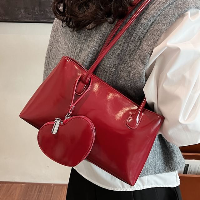 KOCORE-Set Plain Faux Leather Tote Bag Pouch